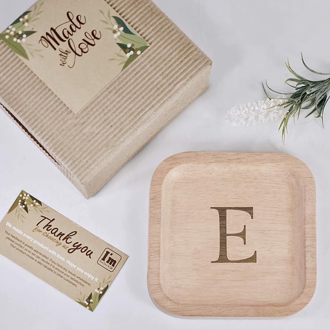 I'm Wooden Personalized Letter Catchall Valet Tray Trinket Dish Jewelry Tray Key Bowl Decorative Plate Organizing Ring Earrings Necklaces Bracelet Watch Coins Wallet Holder (6"x6" Sq Natural E)