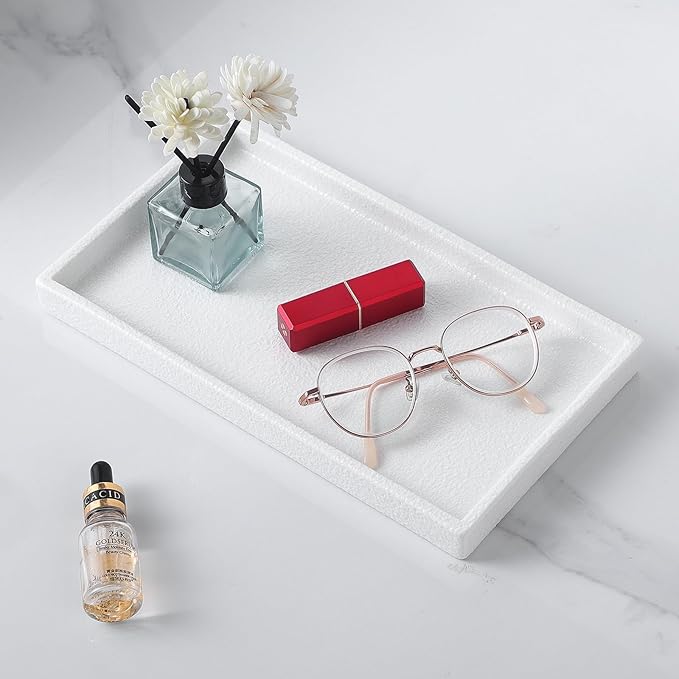 Bathroom Vanity Tray - 11'' Ceramic Rough-Textured Rectangle Countertop Tray, Heavy-Duty Perfume Organizer Plate, Jewelry Ring Tray, Kitchen Soap Dispenser Stone Trays, White