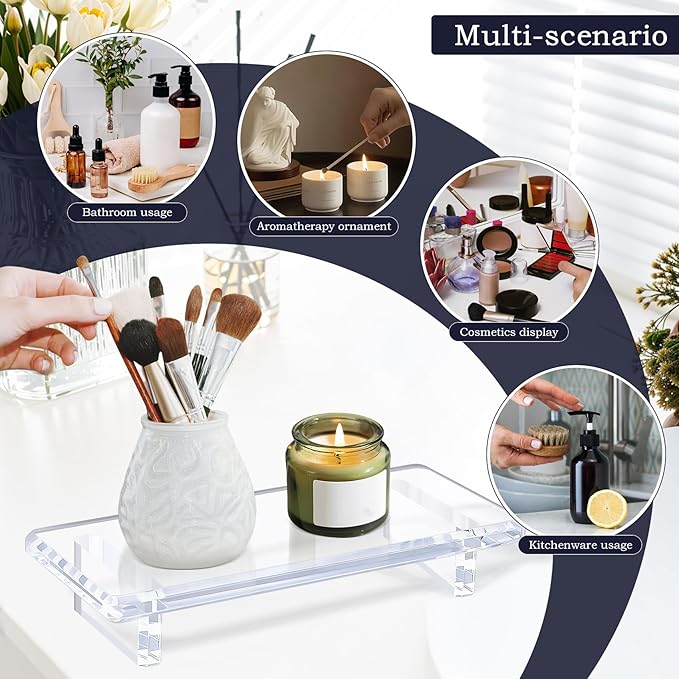 2-Pack Clear Acrylic Bathroom Vanity Tray – Multi-Purpose Waterproof Sink & Countertop Organizer, Soap/Sponge/Brush Holder, Plant & Candle Display Riser, Stain-Proof Compact Tray 8.6"×3.6"×1.5"
