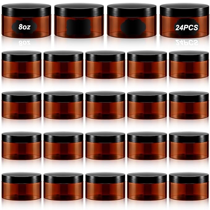 Dandat 24 Pcs 8 oz Plastic Jar Container with Lid and Label Refillable Empty Round Amber PET Cosmetic Sample Slime Containers for Lotion, Cream, Ointments, Body Butter, Makeup, Travel Storage