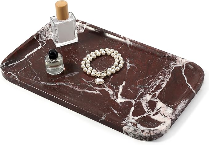 Marble Vanity Tray, Large Stone Bathroom Tray for Countertop, 14'' Rose Red Genuine Marble Decorative Tray for Dresser, Green Kitchen Trays for Counter,Perfume Storage, Non-Resin/Ceramic