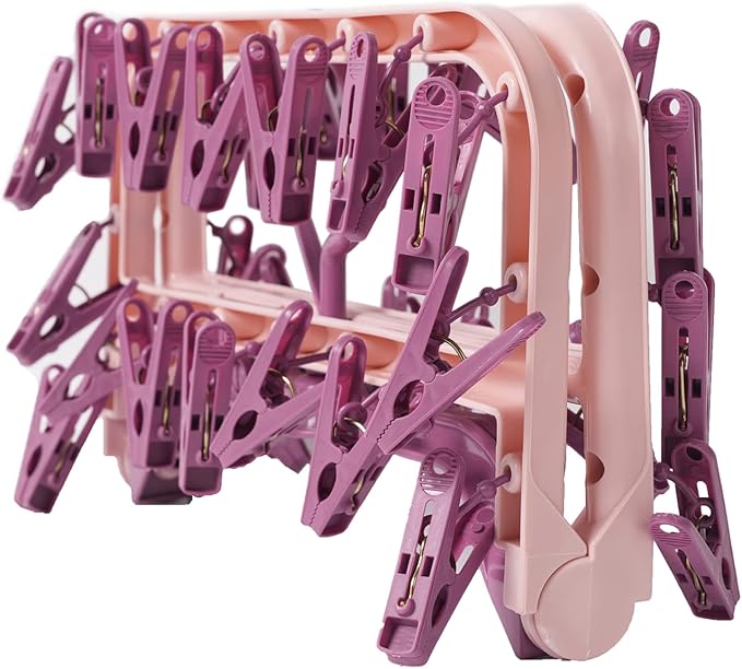 Clothes Drying Racks Foldable Clip Hangers Plastic with 32 Drying Clips Wind-Proof Hook Underwear Hanger for Socks Bras (Pink)