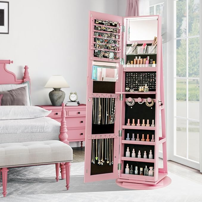 CHARMAID 360° Swivel Jewelry Armoire with Full Length Mirror, Rear Storage Shelves, Lockable Standing Jewelry Cabinet Organizer with Interior Vanity Mirror and 3-Color Lights (Pink)