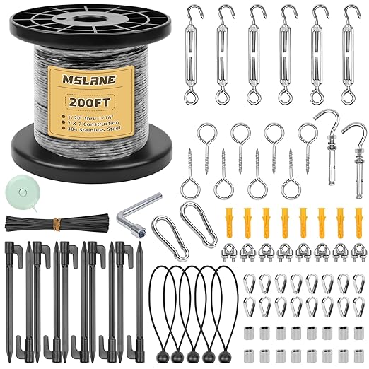 1/16" Black Wire Rope Kit 200FT 304 Stainless Steel Vinyl Coated with M5 Turnbuckles, 7x7 Strand Core Aircraft Cable for String Light, Picture Hanging, Clothesline, Curtain, and Plant Trellis