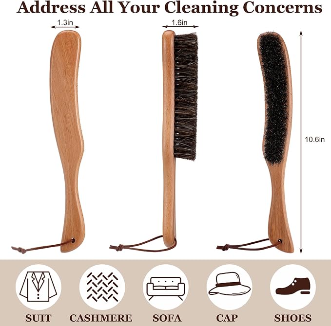 Bokon 2 Pcs Lint Brushes for Clothes with 100% Soft Horse Hair Bristle Beech Wood Handle Natural Reusable Garment Brush Lint Remover for Hat Wool Coats Suits Cashmere Velvet Furniture Pet Hair Shoe