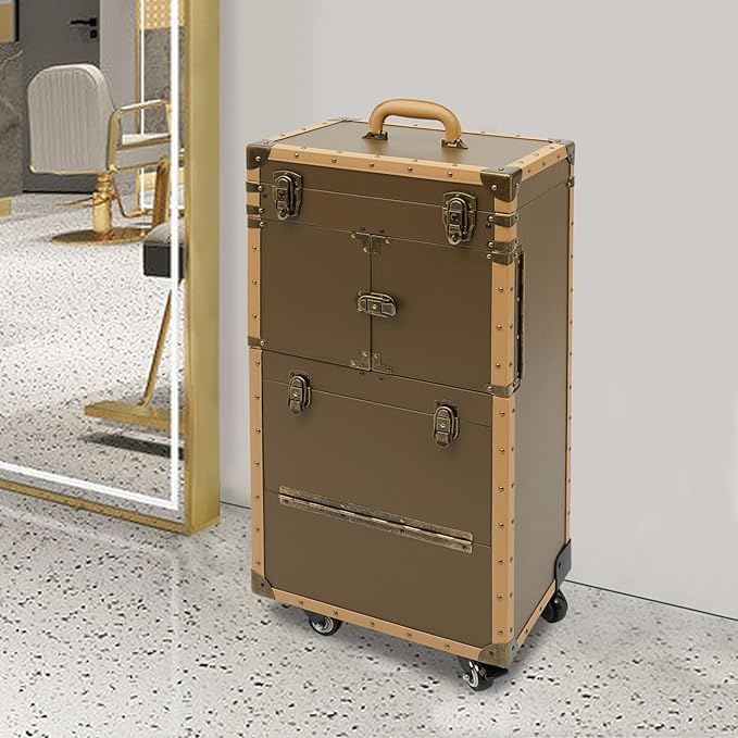 Rolling Hairdressing Case - Professional Makeup Train Case with Dual Password Locks, Cosmetic Organizer for Salon/Barber/Nail Artists (Gold)