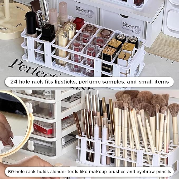 Makeup Storage Organizer Rack,Lipstick Lipgloss Display Organizer,Detachable Makeup Brush Air Drying Rack,Perfect Storage Solution for Drawer and Vanity,0.9"+0.66" (24-hole + 60-hole)
