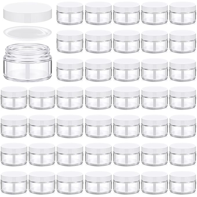 Domensi 60 Pcs 1oz Glass Jars with Lids Bulk Salve Tins Winter Cream Container Small Glass Candle Cosmetic Jars for Travel Lip Balm with Inner Liners for Lotion Sample Cream(Clear, White Lid)