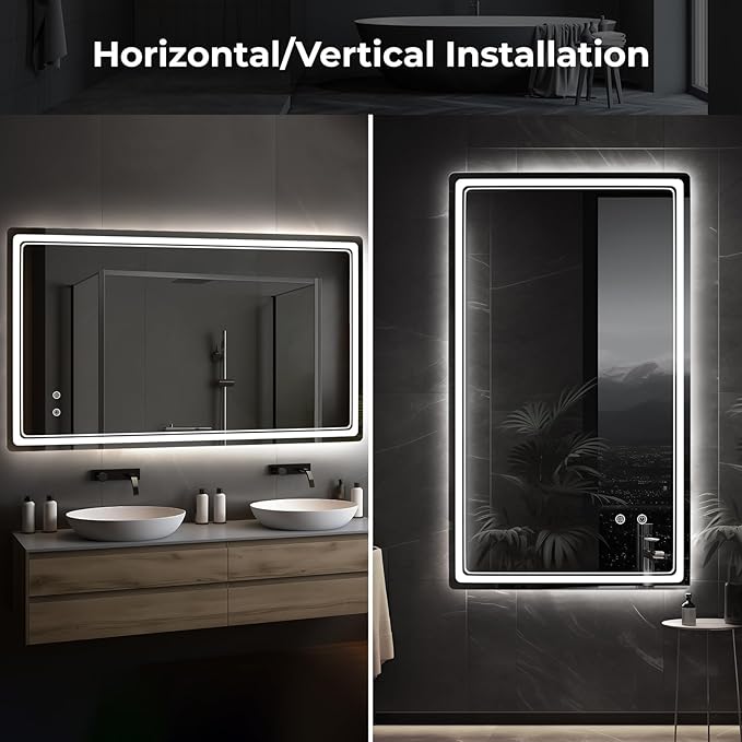 WallBeyond LED Bathroom Mirror with Lights, 28'' x 48'' Inch Led Bathroom Vanity Mirror for Wall with Front and Backlit, Anti Fog Mirror for Bathroom, 3 Colors and Dimmable Light, Horizontal/Vertical