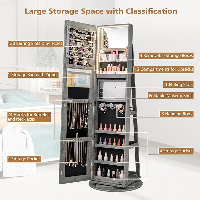 CHARMAID 360° Swivel Jewelry Armoire with Full Length Mirror, Rear Storage Shelves, Lockable Standing Jewelry Cabinet Organizer with Interior Vanity Mirror and 3-Color Lights (Stone Gray)