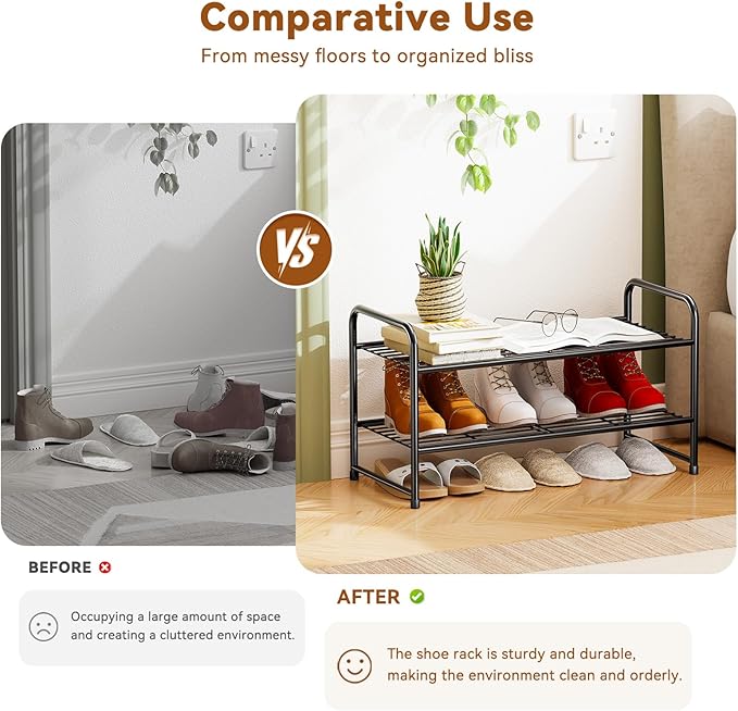 2 Tier Shoe Rack for Closet, Metal Wire, Stackble, Black