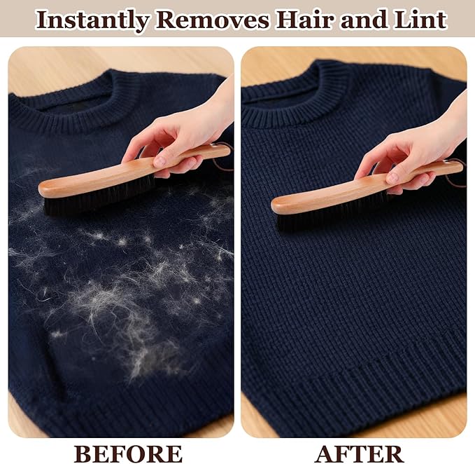Bokon 2 Pcs Lint Brushes for Clothes with Boar Bristle Beech Wood Handle Natural Reusable Garment Brush Lint Remover for Hat Wool Coats Suits Cashmere Suede Pet Hair Denim Corduroy Heavy Fabrics