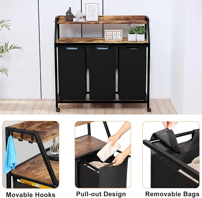 Laundry Hamper, Laundry Sorter 3 Section, Rolling Laundry Basket with Wheels, 2 Shelves, 3 × 14.5 Gal, Pull-Out and Removable Oxford Fabric Bags, for Laundry Room, Black and Rustic Brown
