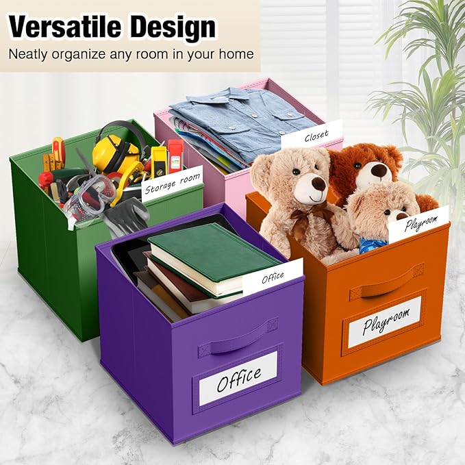 10 Pcs Fabric Storage Cubes with Labels 11 Inch Collapsible Cube Organizer Baskets with Window Cards for Shelf Nursery Clothes Book Toys Storage Bin(Candy)