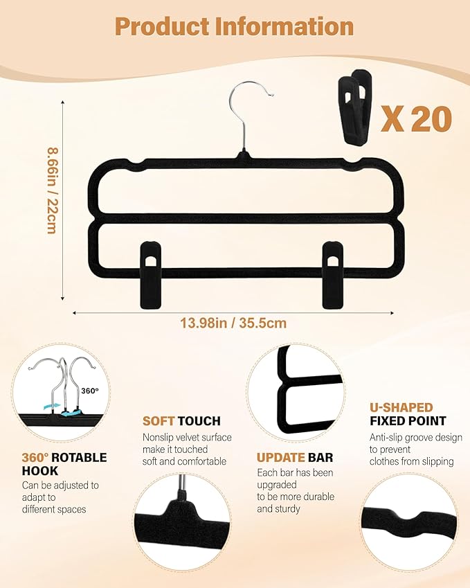 Velvet Pants Hangers with Double Non Slip Bar - with Adjustable Clips- Thin Space Saving Clothes Hanger - 360° Swivel Felt Trouser Hanger Perchas Terciopelo 10 Pack (Black)