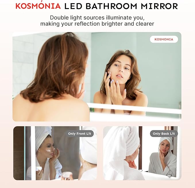 32x40'' LED Bathroom Mirror with Light, Frameless, Dimmable Front & Backlit, Anti-Fog, Distortion Free, Light Memory, Tempered and Shatter-Proof Wall Mounted Vanity Silver Coating Mirror