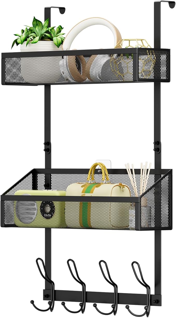 Over The Door Hooks Organizer, Over The Door Shower Caddy, Over The Door Towel Rack Back of Storage with 12 Hooks & 2 Mesh Baskets Door Hanger Organizer for Bathroom,Kitchen,Bedroom(Black)