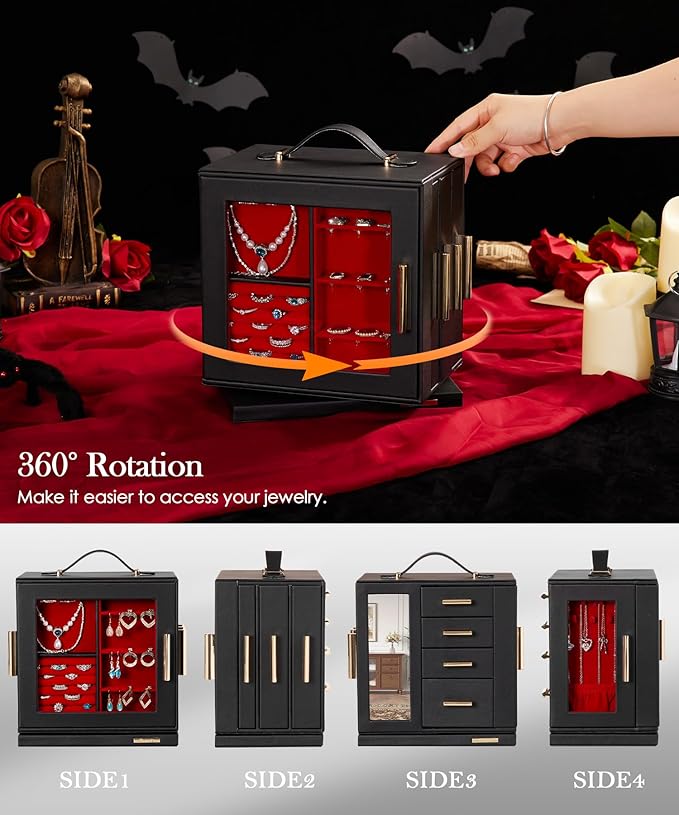 Homde Valentine's Day Gifts Jewelry Box 360° Rotating, Necklace Earring Organizer with Transparent Window, Mirror, 7 Drawers, Large Ring Display Storage Case for Girls Women (Black + Red)