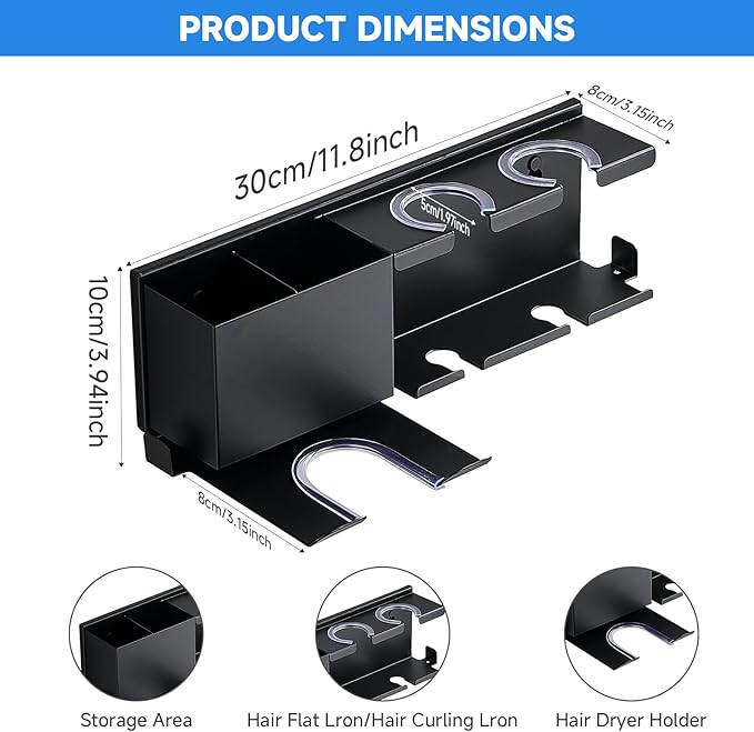 Hair Tool Organizer Wall Mounted,Hair Dryer Holder,blow dryer,curling iron,Straightener holder,Metal 3 in 1 Bathroom Bedroom Hair Accessories Tools Organizer Rack.Black