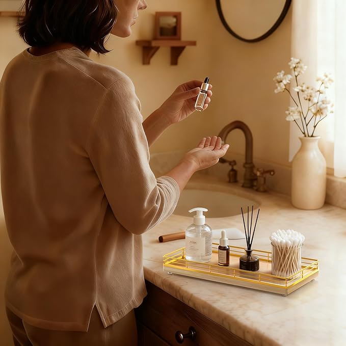 Bathroom Vanity Tray – 12" x 6" Oak Decorative Wooden Tray for Toilet Tank Organizer Wood Tray for Bathroom Countertop, Soap, Perfume & Storage, Vanity & Dresser Decor, Gold & Natural Oak