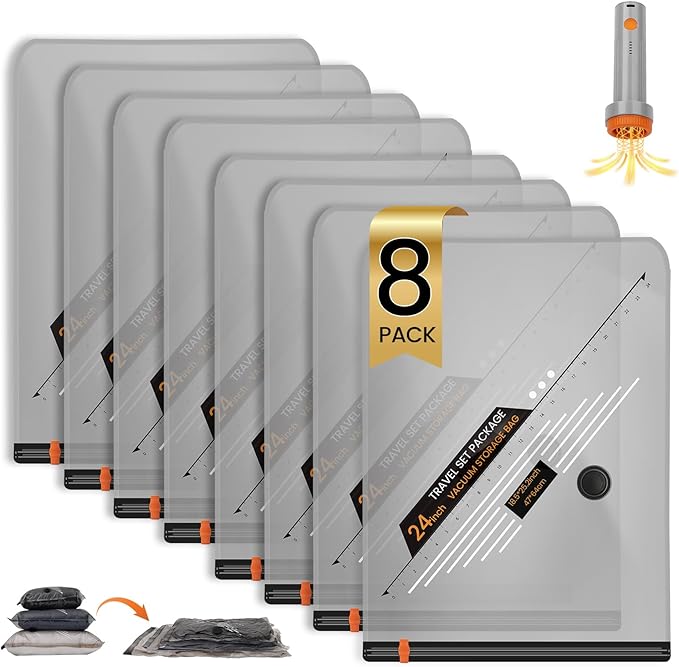 Vacuum Storage Bags Rechargeable Wireless Pump - 8 Pack Travel Storage Bags，Travel & Home Organizer Set, Multi-Size Space-Saving Bags, Perfect for Closet Luggage Bedding Clothing Storage