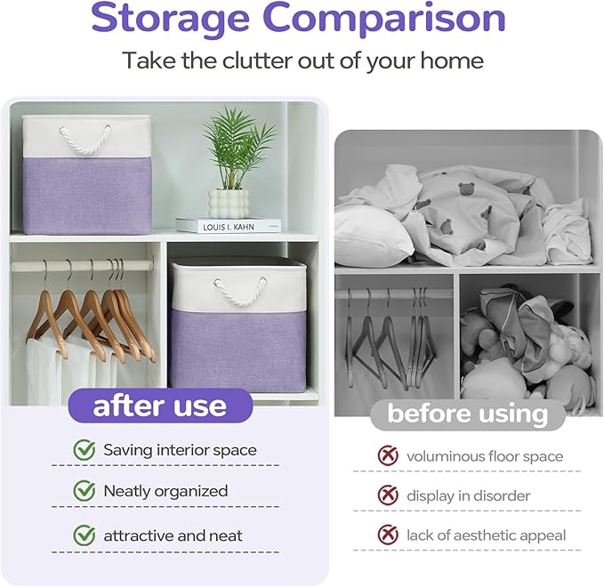 12 x 12 Inch Cube Storage Bins, 4 Pack Fabric Storage Basket with Handles, Foldable Boxes Organizer for Shelf Baskets for Home, Clothes (White/Purple)