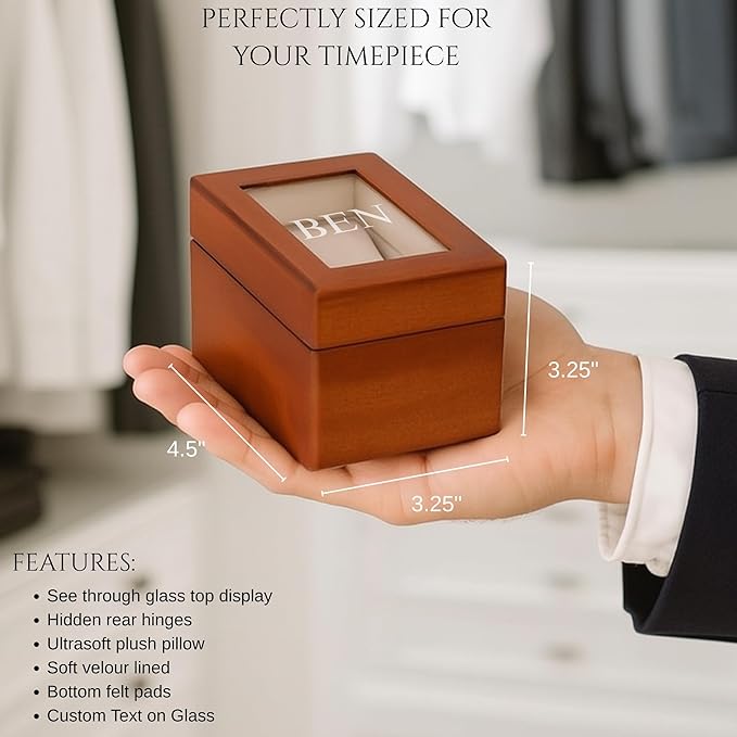 Bey-Berk Personalized Viscount Cherry Wood Single Watch Box, Custom Glass-Top Solid Wood Watch Display Case with Velour-Lined Cushion, 4.5" x 3.25" x 3.25"