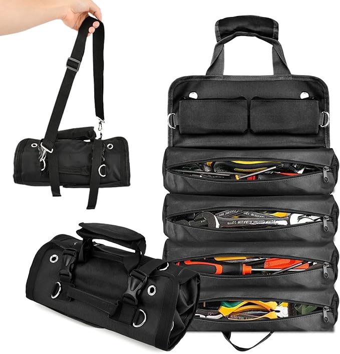 Roll-Up Tool Bag Heavy-Duty Waterproof - 4 Compartments & 2 Detachable Pouches | Compact Tool Organizer for Mechanics, RV & Motorcycle Storage, Handyman & Electricians (Black, Large)