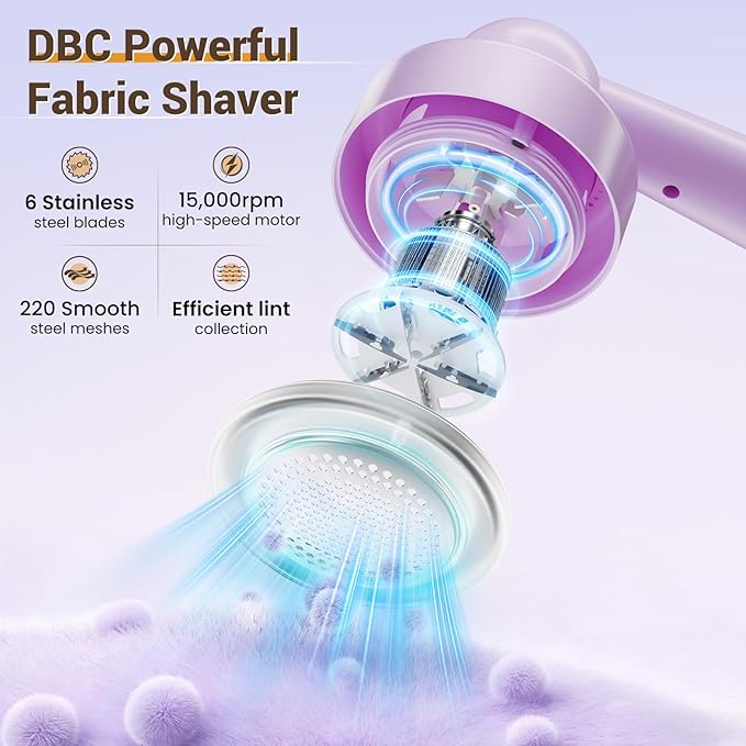 DBC 2.7' Large Purple Electric Fabric Shaver and Lint Remover,2-Hour Runtime,3-Speed, 6-Blade Design