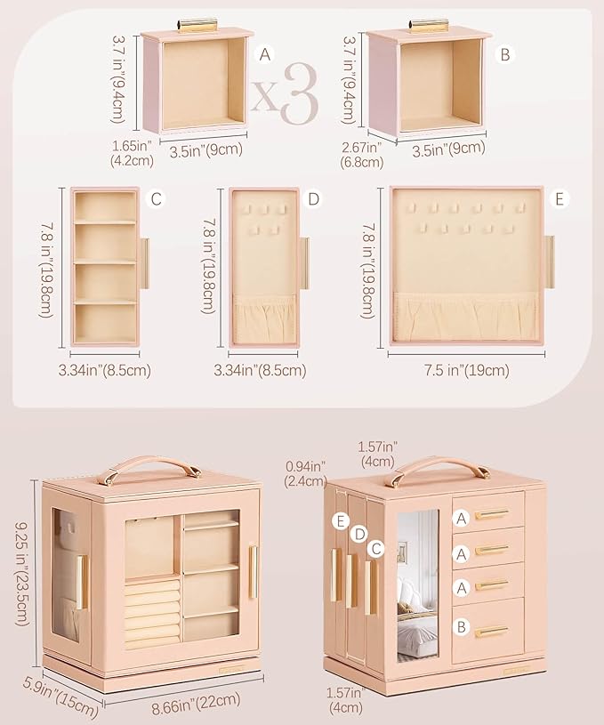 Homde Valentine's Day gifts Jewelry Box 360° Rotating, Necklace Earring Organizer with Transparent Window, Mirror, 7 Drawers, Large Ring Display Storage Case for Girls Women (Peach Pink)