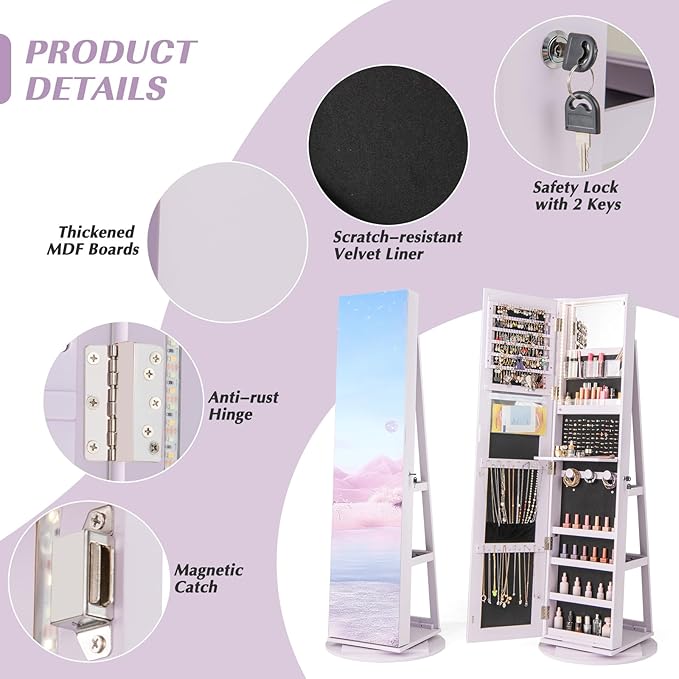 GOFLAME 360° Rotating Jewelry Cabinet with Full-Length Mirror, Freestanding Jewelry Armoire with 3-Color LED Light and Back Storage Shelf, Lockable Jewelry Organizer for Bedroom Cloakroom, Lavender