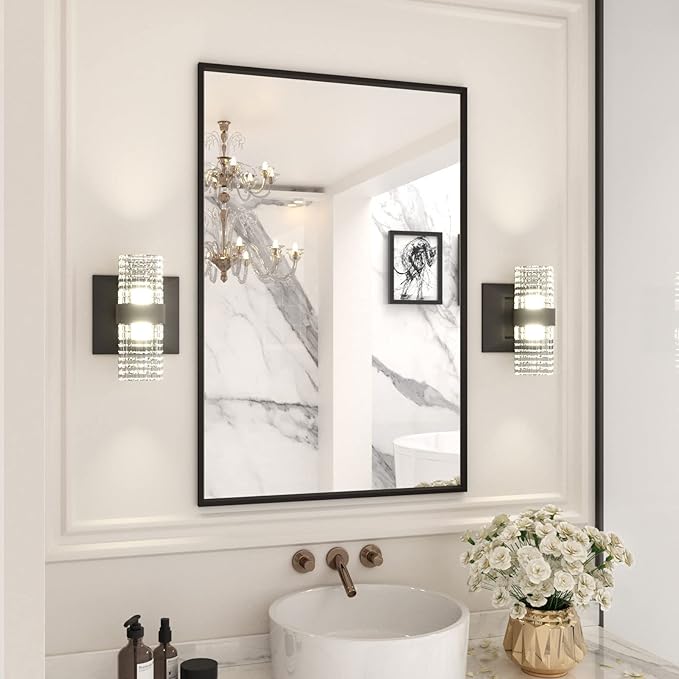 LOAAO 24"X36" Black Rectangle Bathroom Mirror Wall, Matte Black Aluminum Alloy Frame, Hangs Vertically or Horizontally, Easy to Install