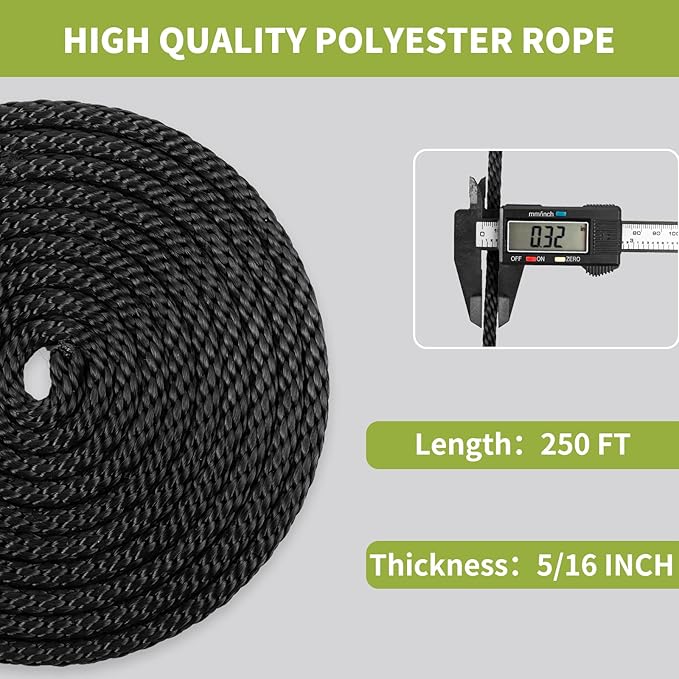 5/16 Inch 250FT Black Polyester Solid Braid Rope | High UV & Abrasion Resistance | Industrial Grade, Low Stretch | Multipurpose for Flag Poles, Clotheslines
