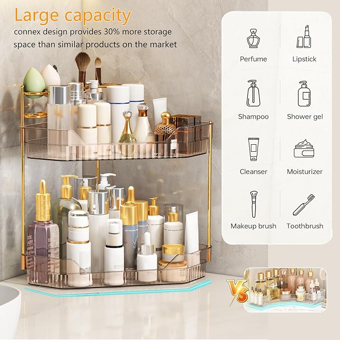 Corner Bathroom Counter Organizer with Makeup Brush Holder & Toothbrush Holders, Makeup Organizer for Vanity Countertop, Acrylic Skincare Storage Shelf (Amber, 2-Tier)