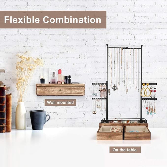 Olakee Jewelry Organizer - 2 Layer Wooden Jewelry Drawer Storage Box with 6 Tier Jewelry Tree Stand, Jewelry Display for Necklaces Bracelet Earring Ring (Carbonized Black)