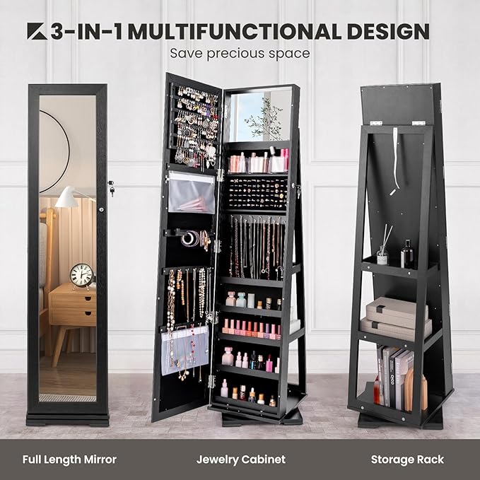 CHARMAID 360° Swivel Jewelry Armoire with Full Length Mirror, Standing Lockable Jewelry Cabinet Organizer, Large Storage Capacity, Inside Makeup Mirror, Back Storage Shelves (Black)