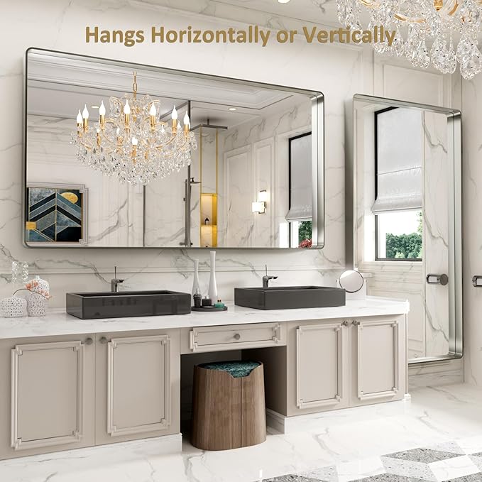 LOAAO 84X32 Inch Brushed Nickel Bathroom Mirror, Rounded Rectangle Silver Metal Frame Mirror, Brushed Nickel, Anti-Rust, Hangs Horizontally or Vertically