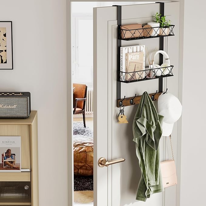 YINMIT Over The Door Hooks Organizer, Over Door Storage with 5 Hooks and 2 Mesh Baskets, Door Hanger Hook, Over The Door Towel Rack, Over Door Hanger for Bathroom, Bedroom, Kitchen