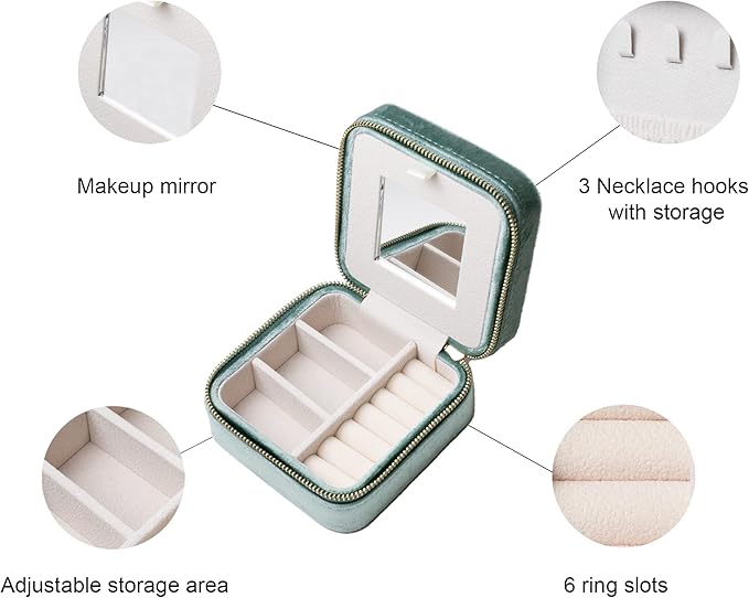 Customizable Compact Velvet Jewelry Box with Mirror, Travel Jewelry Case, Travel Jewelry Organizer, Jewelry Box for Women and Girls, Small Jewelry Organizer (Bottom Right Text, Mint Green)