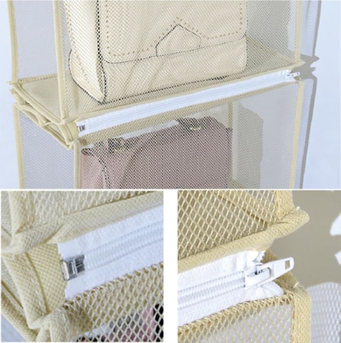 Detachable 4 Compartment Pouch Hanging Handbag Organizer Clear Purse Bag Storage Holder Wardrobe Closet Space Saving Organizers System for Living Room Bedroom(Pack of 2 Beige)