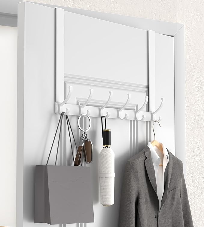 KitchLife Long Over The Door Hooks Hanger with 15.75" Extended Arms, Fits 1 3/8" Doors, F40U, 6 Double-Hanger Design Thickened Heavy Duty Bathroom Towel Rack Organization, Glossy White, 1 Pack
