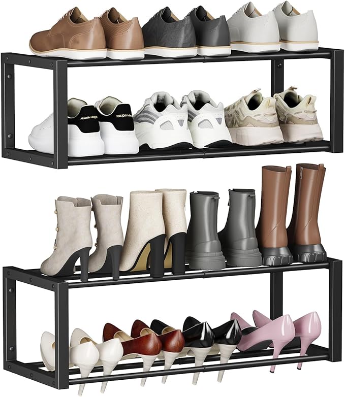 Homeiju Hanging Shoe Organizer,2 Pack Wall Mounted Shoe Rack Holds 12 Pairs,Space Saving Metal Wall Shoe Rack,Hanging Shoe Rack Shoe Holder for Small Space,Entryway,Closet,RV,Camper（Black