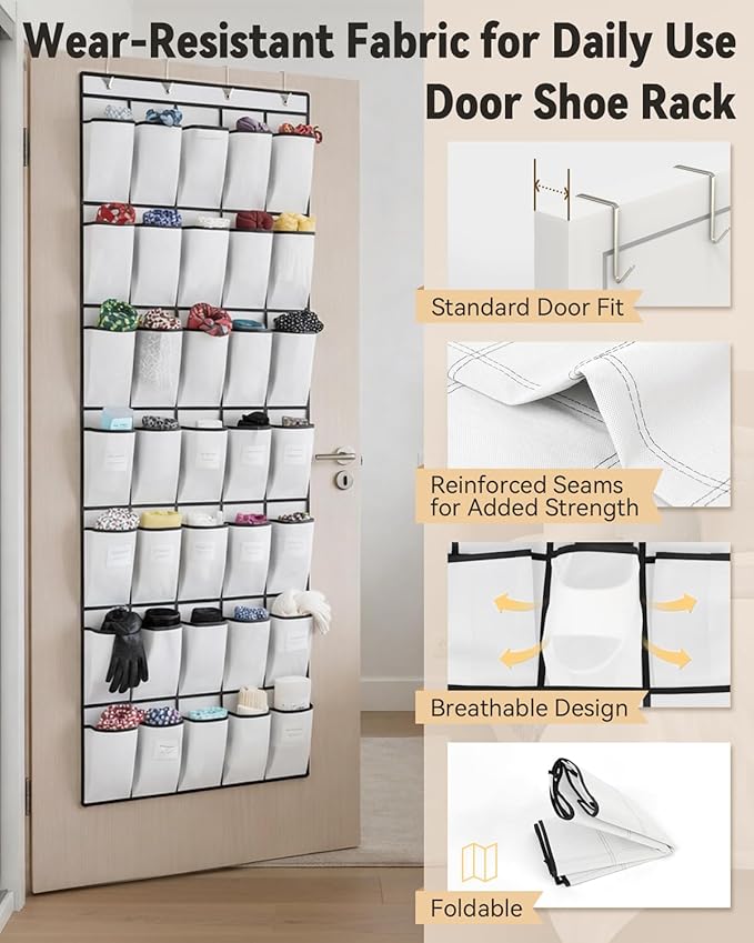 dodowin Over the Door Shoe Organizers, 2 Pack (24 & 40 Pockets) - Hanging Shoe Rack with 4 Metal Hooks, Space Saving Foldable Storage for Closet Door, White
