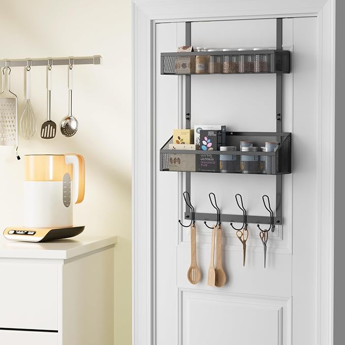 Over The Door Hooks Organizer, Over The Door Shower Caddy, Over The Door Towel Rack Back of Storage with 12 Hooks & 2 Mesh Baskets Door Hanger Organizer for Bathroom,Kitchen,Bedroom(Black)