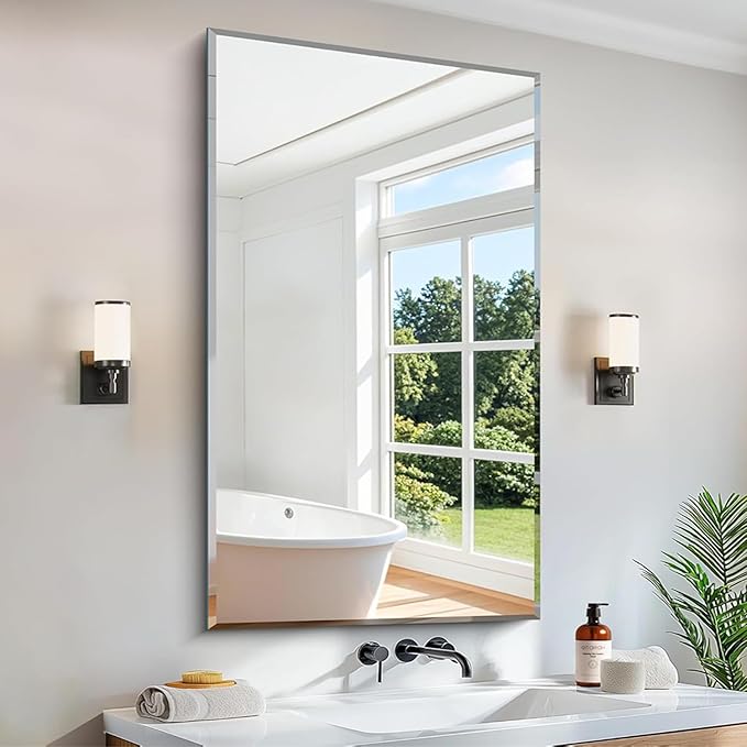 CILIBER Beveled Bathroom Mirror, 24x40 Large Frameless Mirrors for Over Sink, Upgraded Shatterproof Beveled Frameless Vanity Mirror for Bathroom,Bedroom,Living Room and Entryway