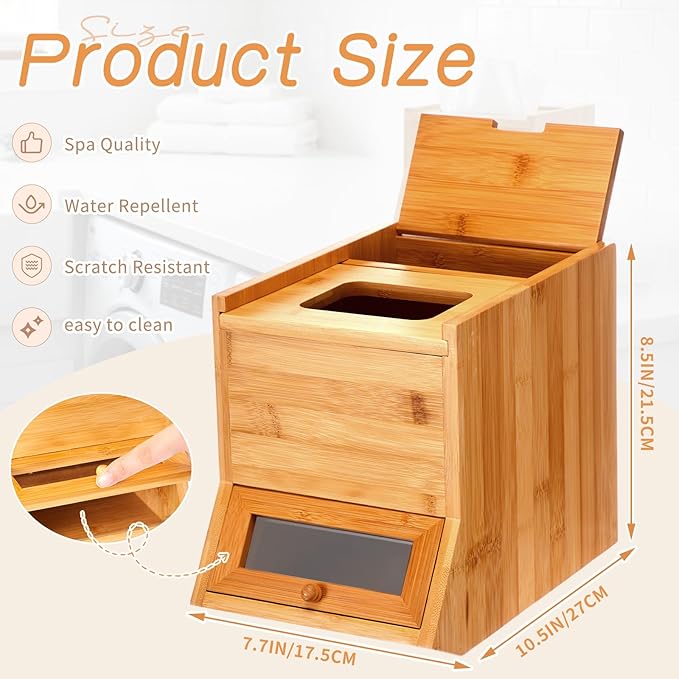 Bamboo Laundry Pods Container 10.6 x 8.3 x 6.9 Inch, 3 in 1 Multi Purpose Storage Organization Container for Laundry Pods, Facial Tissues, Disposable Gloves, Dryer Sheet Box