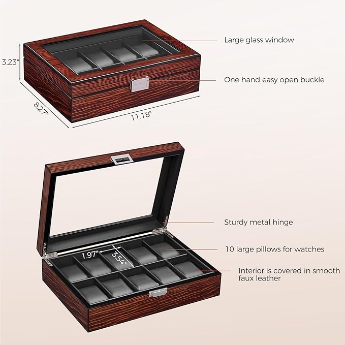 BEWISHOME Watch Box, 10-Slot Wooden Watch Case, Mens Watch Box for Men Watch Storage Organizer, Watch Holder Watch Display Case for Anniversary Birthday Brown SSH10Y