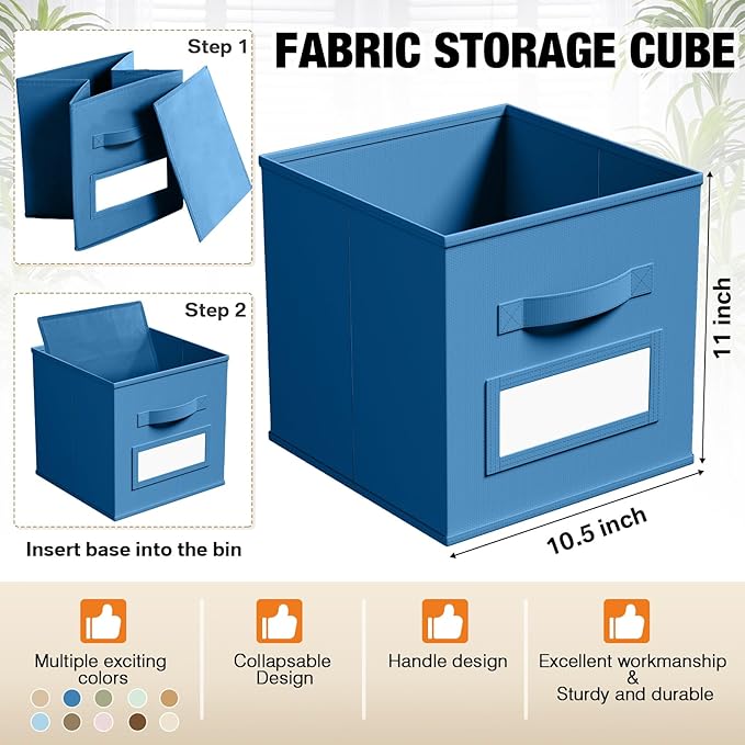 10 Pcs Fabric Storage Cubes with Labels 11 Inch Collapsible Cube Organizer Baskets with Window Cards for Shelf Clothes Book Storage Bin(Boho)