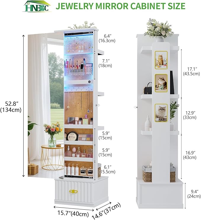 HNEBC Mirror Full Length with Stand, Jewelry Organizers and 4 Storage Racks, Jewelry Cabinet with Drawes,Ring-Necklace-Earring Holder, Jewelry Armoire with Lights for Bedroom/Cloakroom (White)