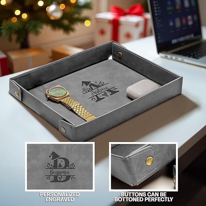 Engraved Christmas Gray Leather Valet Tray – Personalized Rectangle Catchall Organizer for Wallet, Keys, and Jewelry – Gift for Men, Dad, Couples – Dresser Top or Coffee Table Tray Decor